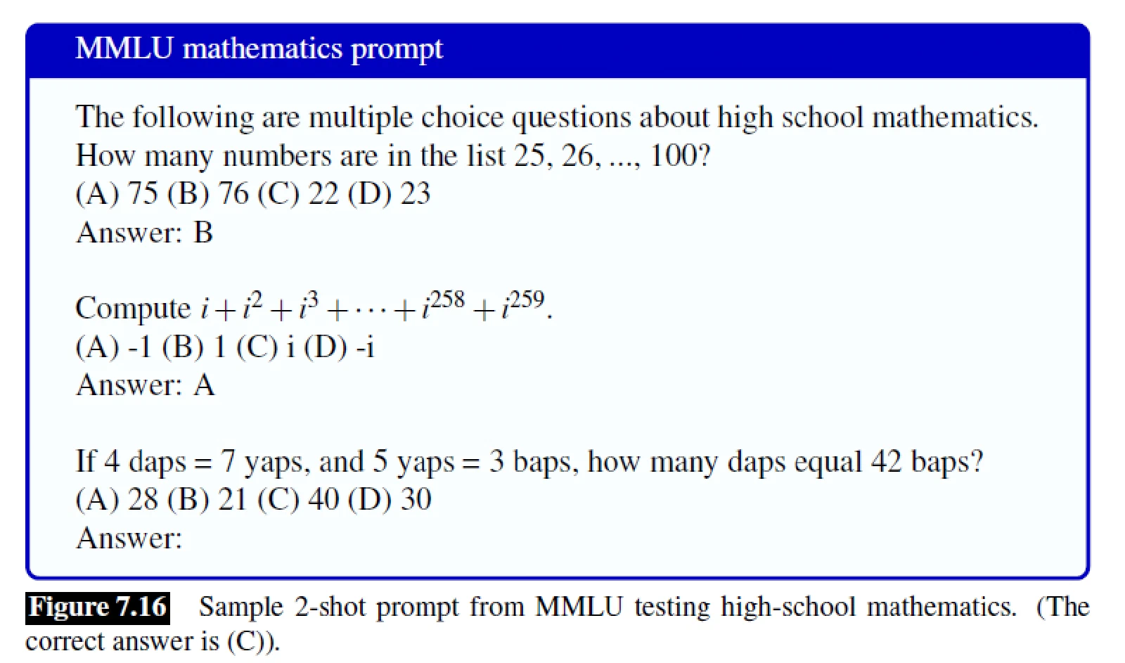 一个2-shot prompt的MMLU高中数学题